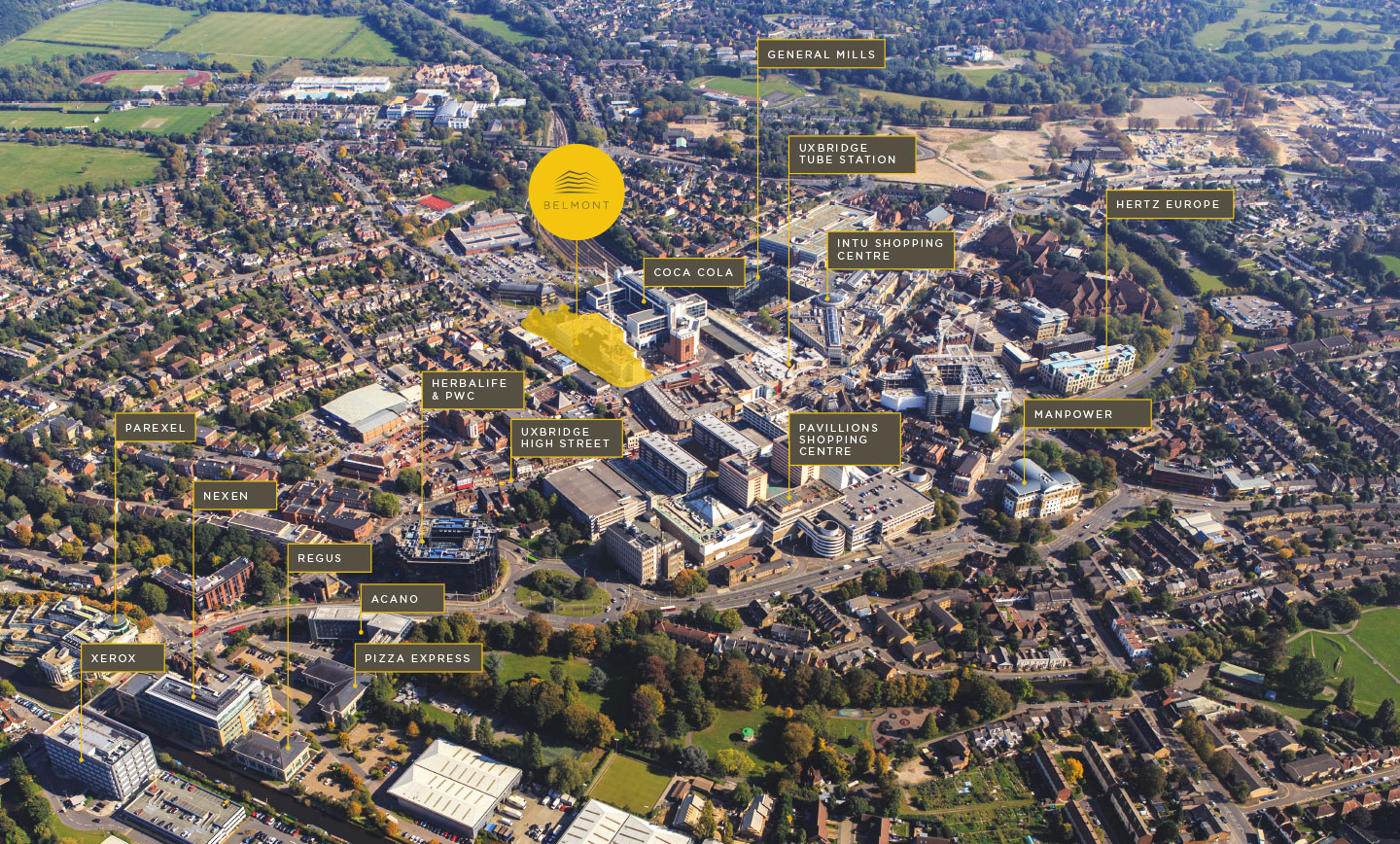 Aerial photograph of the area around Belmont, with annotations